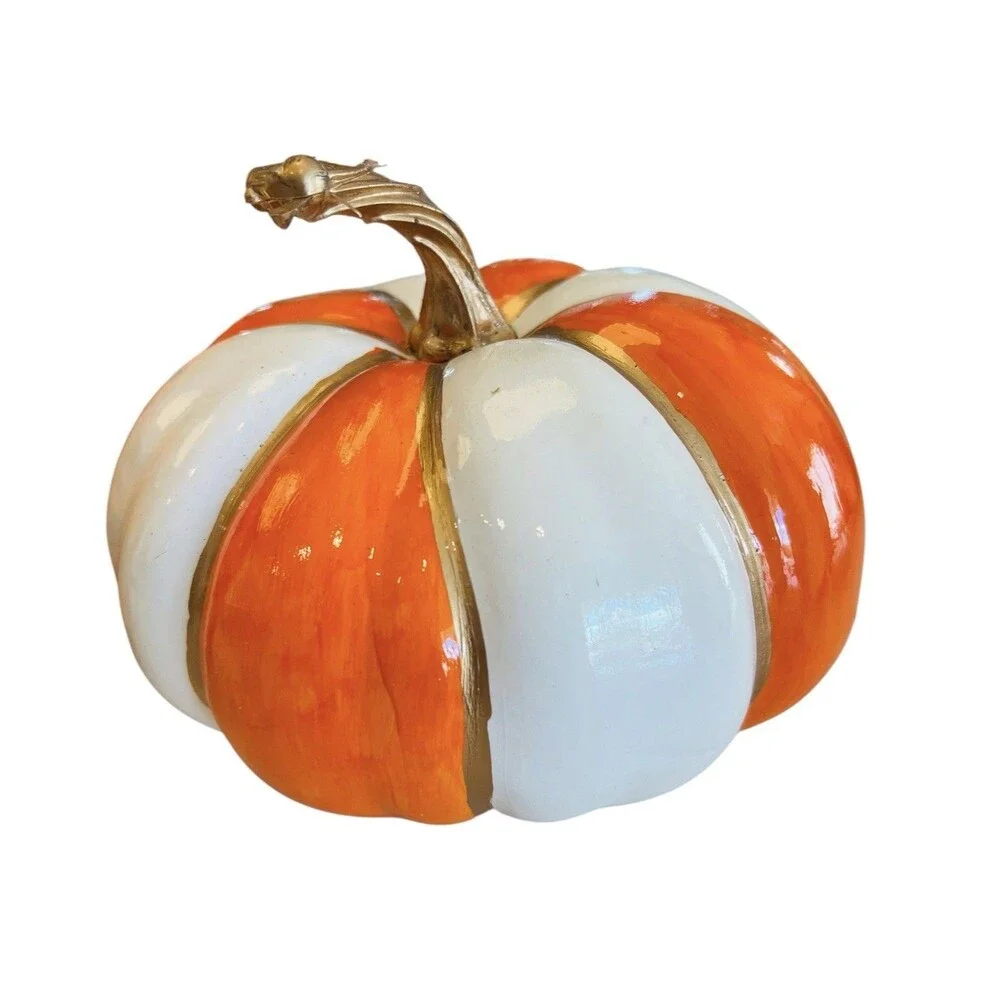 Hand Painted Pumpkin Orange White Gold MacKenzie Childs Inspired Decor